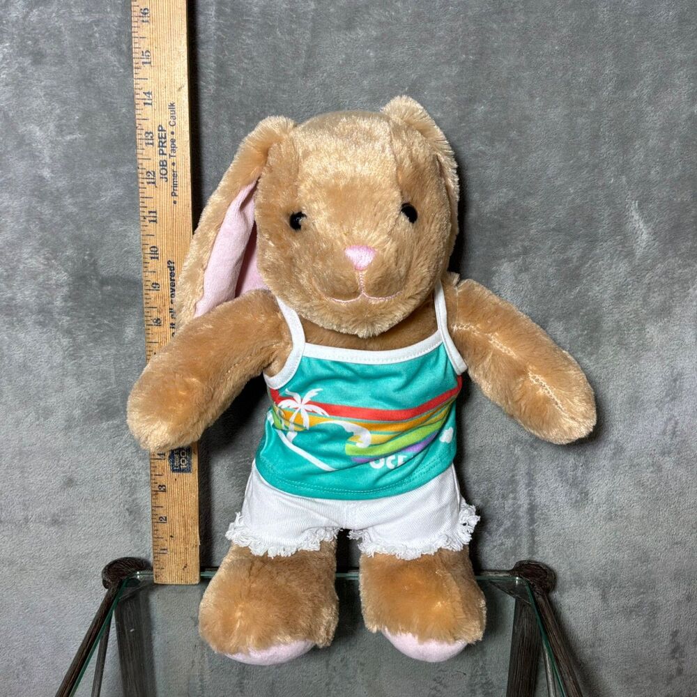 Brown Build a Bear Bunny Plush w clothes denim shorts tank top